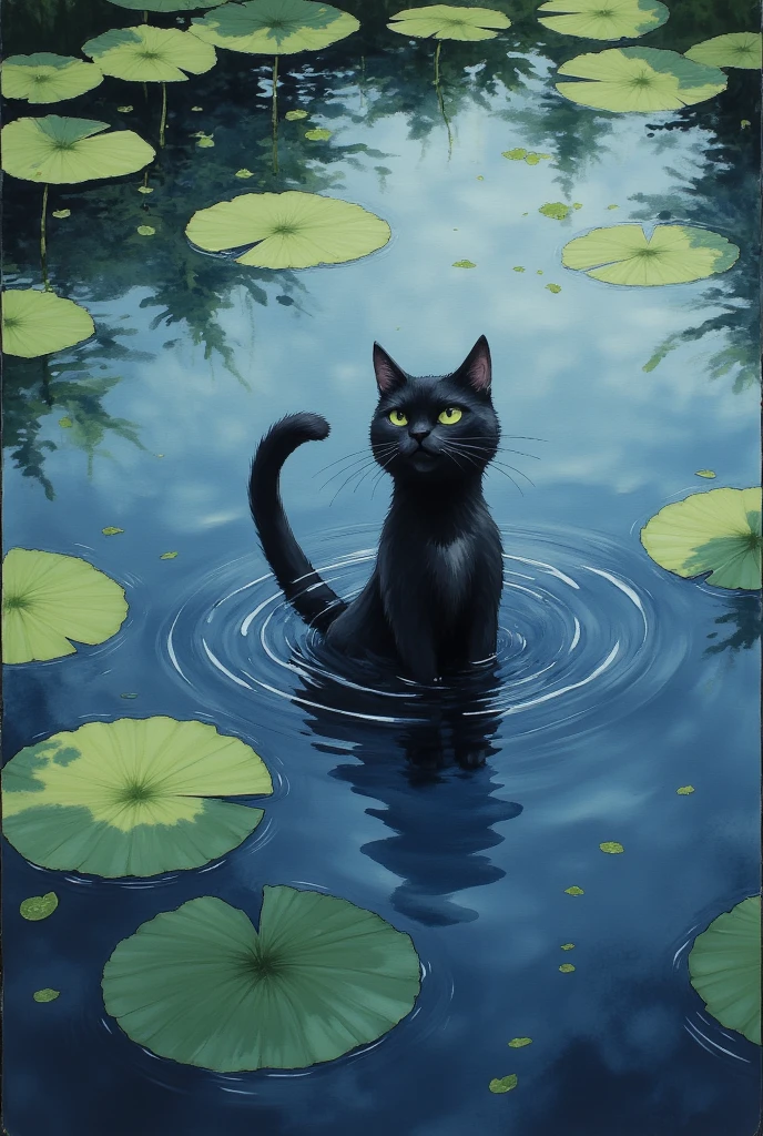 painting of a black cat swimming At the pond with lily pads, a  Digital Paint inspired by Studio Ghibli, conceptual art ,At the pond, a cat swimming in water, liquid cat, cat tail, cat.  Digital Paint, Studio Ghibli style paint , half face and tail sticking out of the pond , body is invisible in the pond ,ripple,Lotus leaf, Dutch Angle, Overlooking, 