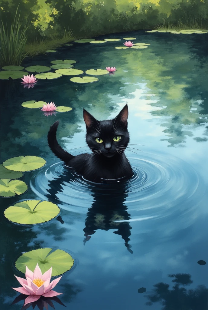 painting of a black cat swimming At the pond with lily pads, a  Digital Paint inspired by Studio Ghibli, conceptual art ,At the pond, a cat swimming in water, liquid cat, cat tail, cat.  Digital Paint, Studio Ghibli style paint , half face and tail sticking out of the pond , body is invisible in the pond ,ripple,Lotus leaf, Dutch Angle, Overlooking, 