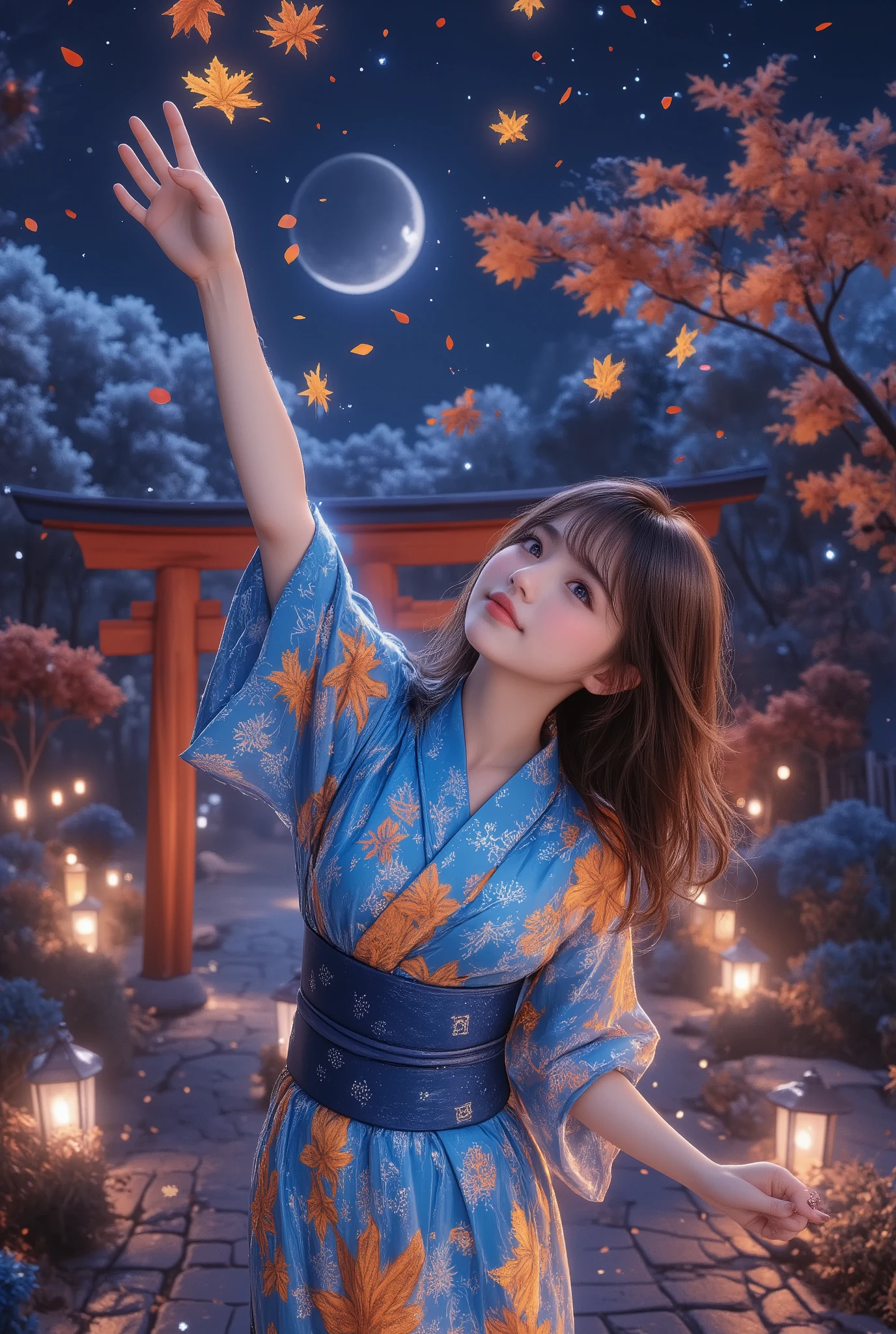 Impressionism style, Pointillism, soft dotted textures, deep autumn night tones, 1girl, trk,dynamic pose with one arm reaching up to catch falling maple leaves, cheerful expression, wide smile, slightly leaning forward, one leg playfully lifted, vibrant shrine maiden, flowing long hair with soft highlights, traditional yukata with bright maple leaf patterns, active and energetic movement, glowing autumn leaves gently falling, wooden torii gate illuminated by soft lantern light, starry night sky, shimmering moonlight filtering through trees, warm lanterns scattered around, dark blue and golden foliage, lively garden setting, scattered maple leaves on ground, Colors that naturally harmonize people and scenery, fantastic toning