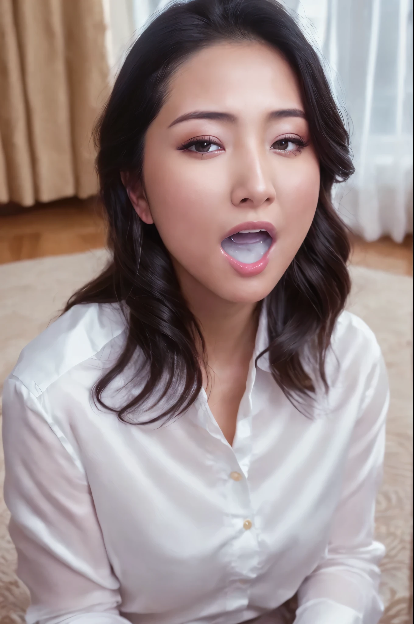 (masterpiece,ultra detailed,Highest quality:1.2),(Perfect beautiful face 1.2), (black hair),(Perfect and beautiful posture:1.2)(open mouth, close eyes:1.2),(small dose white saliva in open mouth),Chubby,detailed young skin,(face focus,close up:0.5),in room