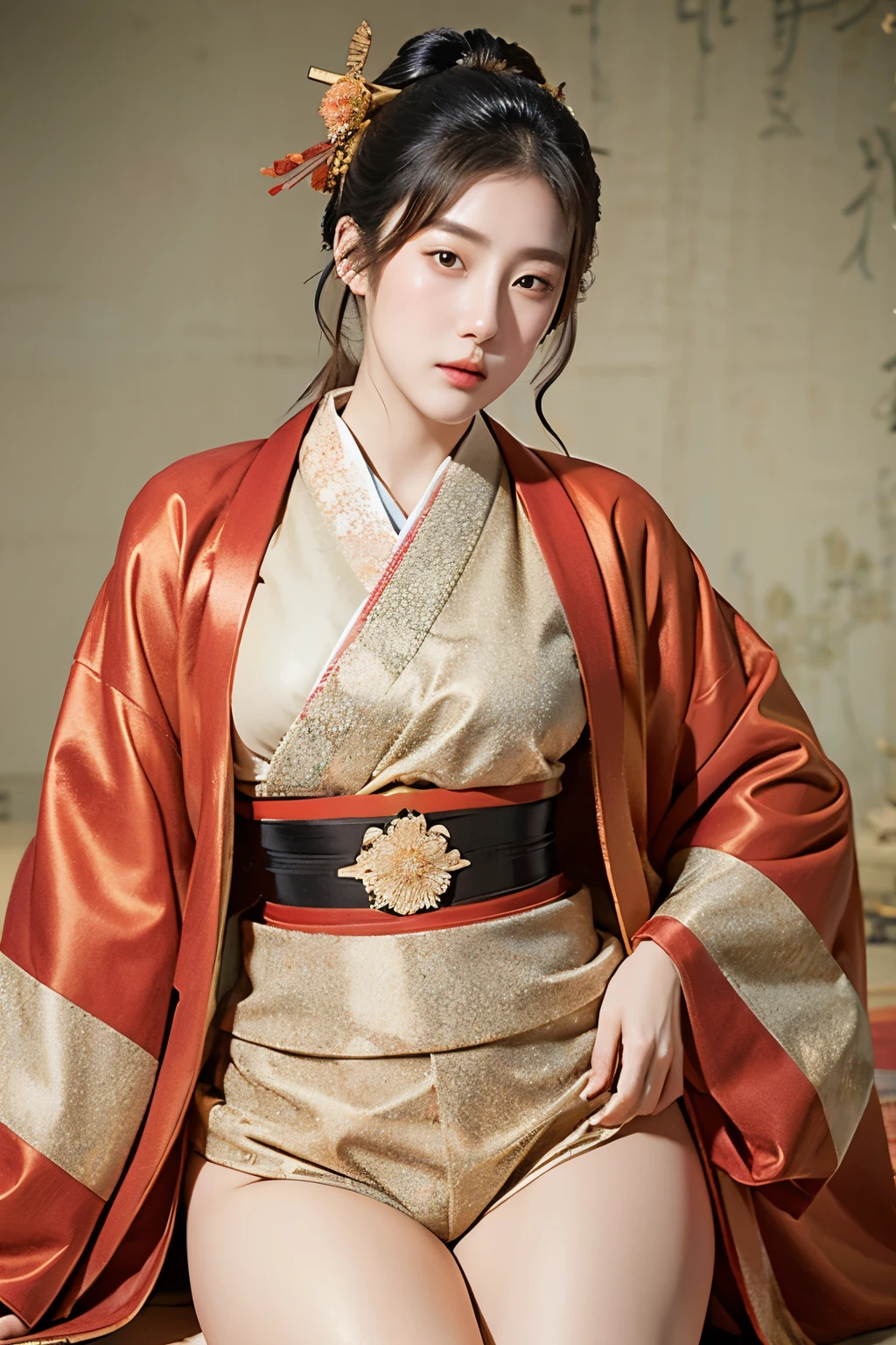 (Masseter muscle film、top quality、Ukiyo-e style、mystery、Exquisite and beautiful、official art、Sharaku:1.2)、(1 girl in:1.3)、(Fractal art:1.3)、cowboy shooting、fair skin、(beautiful brunette、kimono:1.2)、Set against the backdrop of traditional Japanese performing arts、colorful、(reel、Belongs to Japanese style:1.2)、skin glowing、spread your legs，Camel toe showing thigh!!!、