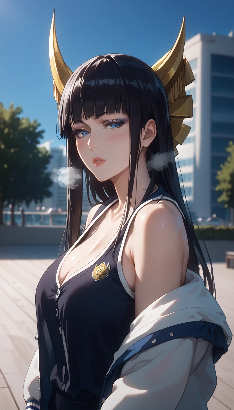 Milf, motherly, Fitgirl, Score_8_up, Score_7_up,  break, Best Quality, Beautiful Skin, Black Hair, blue eyes, Long Hair, forehead, Large Breasts, Staring at the viewer, loose clothes, Heavy breath, sensual pose in the city park in the morning, blush ,  ,shutara senjumaru, letterman jacket , bare shoulder, sexy pose,