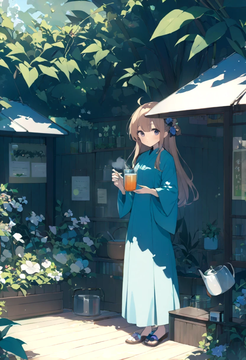 1 girl、 flavored tea、Clear pot 、Transparent cup、Drinking tea(in the garden)