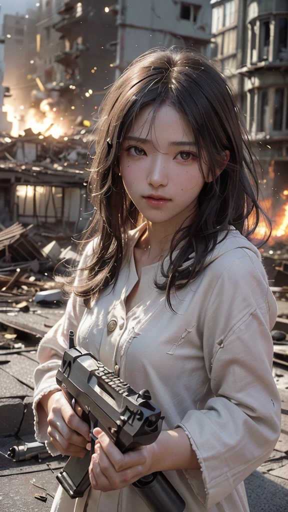 Highest quality, Realistic, (Photo Realistic:1.35), Award-winning photography, (Intricate details), (Subtle details), (Intricate details), (Cinematic Light), Sharp focus, 

(1girl), 

((gun aiming at viewer:1.40)), ((pointing a gun)), 
((On the roof of an abandoned building)), 
break 

(wearing coat), 
(Small Face Beauty), 
(Hair blowing in the wind), 
(Eyes chasing prey), 
beautiful face, 
An exceptionally beautiful face, 
Perfect Human Anatomy, 
Sweaty skin:1.35, Transparent soft white skin, 
break 

((battlefield)), (Destroyed rubble, collapsed buildings, gunfire), (explosions:1.35),
light particles, 
shine, glint,
Expressing emotions:1.35, 
Have a rich imagination,
Professional Lighting, 
Professional photographer, 

(depth of field:1.30), 
