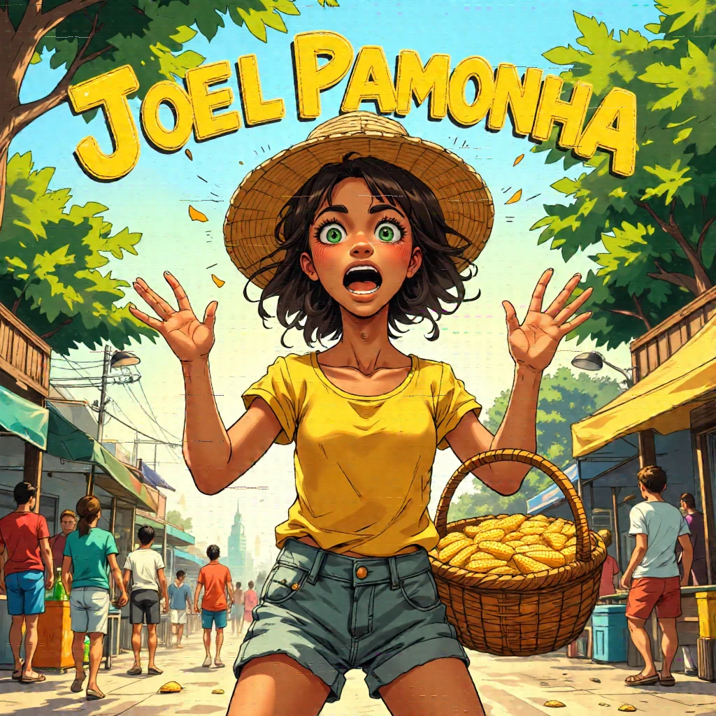 Vivid meme-style cartoon | A young street vendor in a bustling open market, dynamically shouting the phrase ‘Joel Pamonha’ with expressive body language and exaggerated, comical facial expressions | Vibrant colors, lively and chaotic marketplace background, tropical ambiance | The character is wearing a straw hat, casual rural attire, and holding a basket of corn, emphasizing the pun | Cartoonish yet detailed art style, bold outlines, playful typography for the text ‘Joel Pamonha’ floating above her | High-energy composition, humor-focused, with vibrant yellow and green hues to evoke Brazilian culture.”