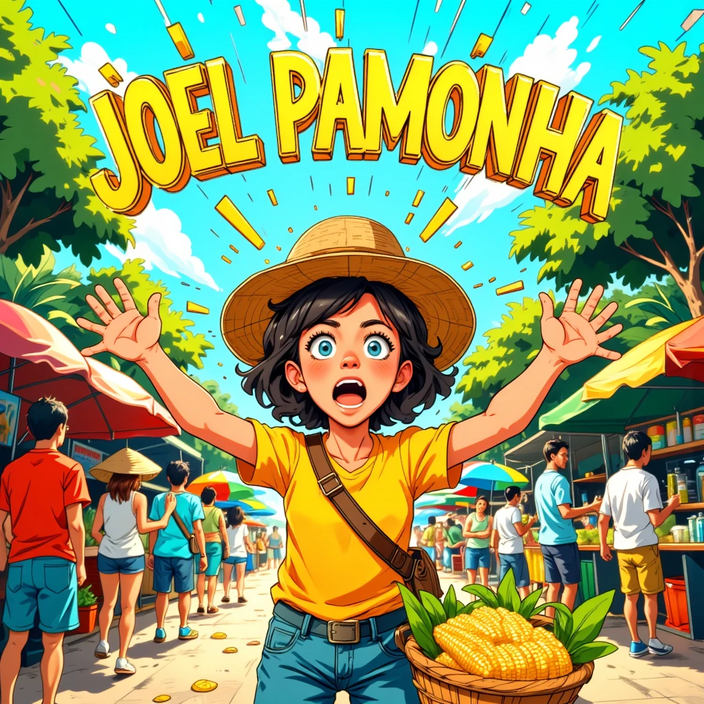 Vivid meme-style cartoon | A young street vendor in a bustling open market, dynamically shouting the phrase ‘Joel Pamonha’ with expressive body language and exaggerated, comical facial expressions | Vibrant colors, lively and chaotic marketplace background, tropical ambiance | The character is wearing a straw hat, casual rural attire, and holding a basket of corn, emphasizing the pun | Cartoonish yet detailed art style, bold outlines, playful typography for the text ‘Joel Pamonha’ floating above her | High-energy composition, humor-focused, with vibrant yellow and green hues to evoke Brazilian culture.”