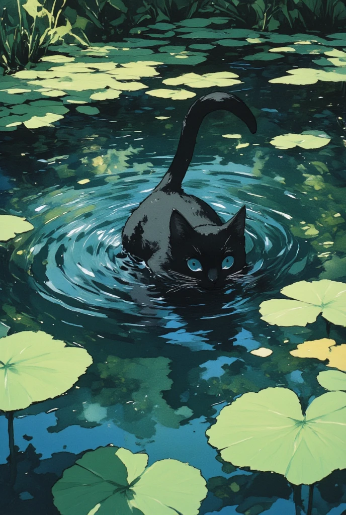 painting of a black cat swimming At the pond with lily pads, a  Digital Paint inspired by Studio Ghibli, conceptual art ,At the pond, a cat swimming in water, liquid cat, cat tail, cat.  Digital Paint, Studio Ghibli style paint , half face and tail sticking out of the pond , body is invisible in the pond ,ripple,Lotus leaf, Dutch Angle, Overlooking, 