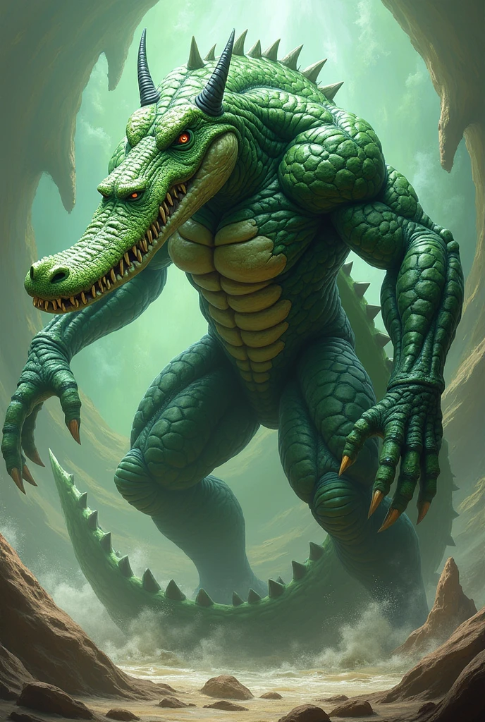 Libra, reptiles, scar, Humanity, Crocodile, green body, scale, There is nothing there, Crocodilian, facial scar, Muscular, green scale, teeth、get annoyed、Fighting stance、Movement angle