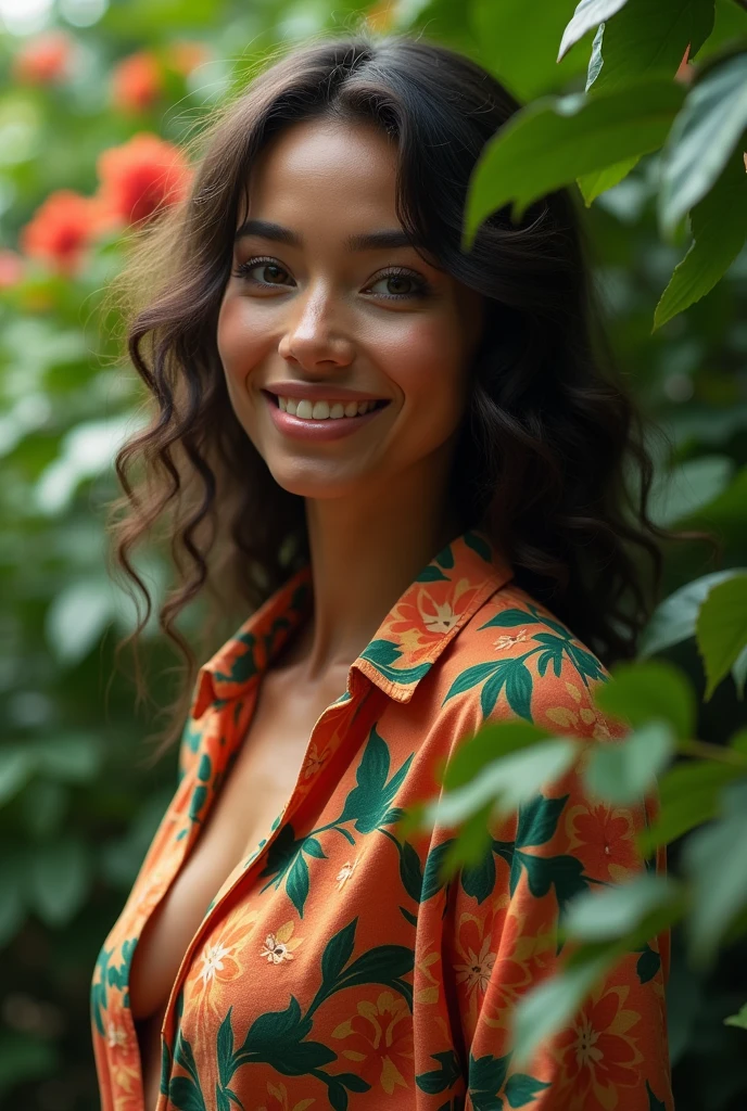 A Brazilian woman in a lush tropical garden, wearing an open shirt with a floral print, with a close-up capturing the harmonious beauty between her breasts and the natural flowers, showing off your natural charm and outgoing personality.