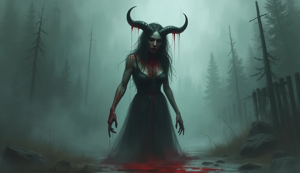 (best quality,4k,8k,highres,masterpiece:1.2), ultra-detailed, realistic:1.37, HDR, intense dark atmosphere, eerie lighting, grotesque textures, portraits, body horror, blood-soaked, adult woman, pale and flawless skin, long flowing blonde hair, piercing red eyes, large exaggerated chest, ripped and tattered clothing, disturbing transformation, elongated limbs, twisted and contorted body, otherworldly appendages, bone-chilling expression, sickly pallor, haunting aura, desolate background, uncanny presence, surrealistic style, nightmarish scene