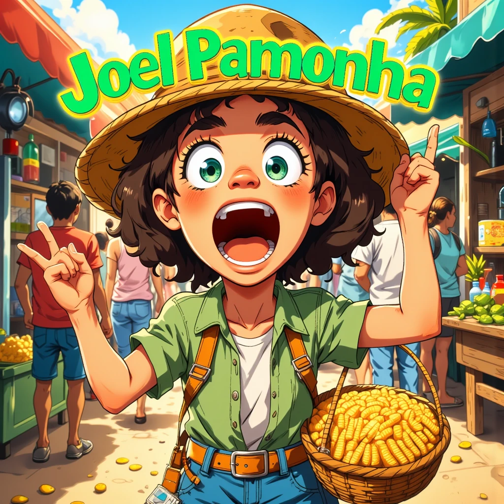 Vivid meme-style cartoon | A young boy curly hair street vendor in a bustling open market, dynamically shouting the phrase ‘Joel Pamonha’ with expressive body language and exaggerated, comical facial expressions | Vibrant colors, lively and chaotic marketplace background, tropical ambiance | The character is wearing a straw hat, casual rural attire, and holding a basket of corn, emphasizing the pun | Cartoonish yet detailed art style, bold outlines, playful typography for the text ‘Joel Pamonha’ floating above her | High-energy composition, humor-focused, with vibrant yellow and green hues to evoke Brazilian culture.”