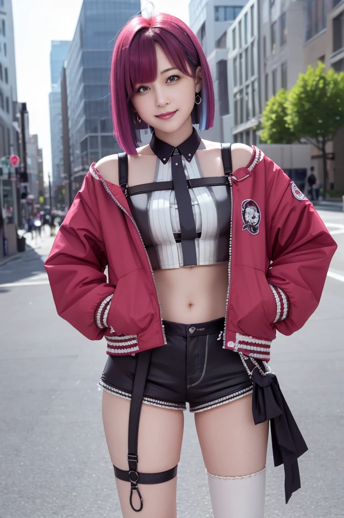 masterpiece, best quality, absurdres, 1girl, solo, LunaStreetwear, short hair, hair over one eye, sleeveless shirt, crop top, red necktie, arm strap, black shorts, highleg, black gloves, garter straps, torn thighhighs, jacket, outdoors, city scene, hands on hips, smug, smirk, 