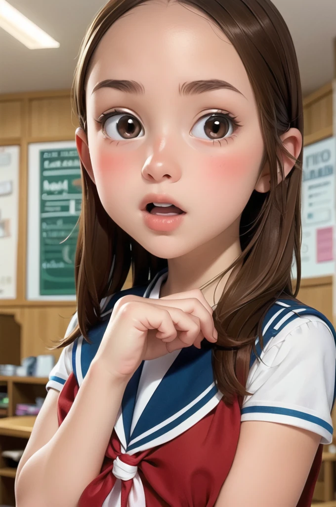 chii, 1girl, solo, brown hair, parted bangs, forehead, brown eyes, blush, surprised, open mouth, serafuku, sailor collar, red neckerchief, upper body, looking at viewer, short sleeves, sunlight, indoors, classroom,, (masterpiece:1.2), best quality, high resolution, unity 8k wallpaper, (illustration:0.8), extremely detailed face, perfect lighting, extremely detailed CG, (perfect hands, perfect anatomy), (masterpiece, best_quality, ultra-detailed, immaculate:1.3), epic, illustration, render,