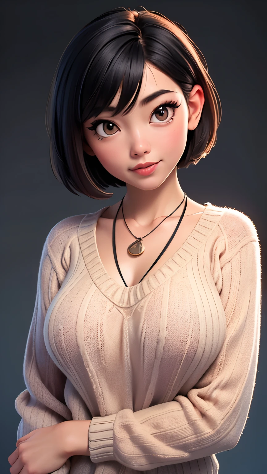 (Best quality, 8k, 32k, Masterpiece, UHD:1.2),Photo of Pretty Japanese woman, large breasts, very short bob hair,upper body,face focus,oversized_sweater, necklace, simple background, from above, looking at viewer,