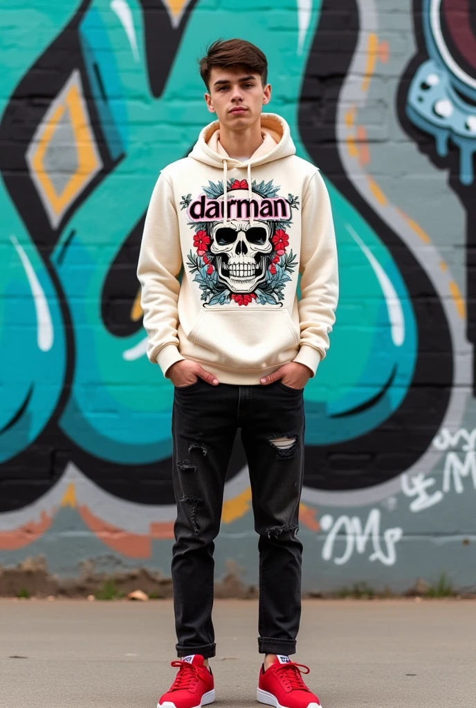 Full shot of a young man 20 year old in front of a graffiti-covered wall. 


The man is wearing a cream hoodie sweatshirt red a graphic design featuring various patterns, symbols, and text. The design is multi-colored, with orange, red, black, white, and hints of blue.  Part of the graphic appears to be a stylized skull motif.  The text "DARMAN" is prominently featured in a bold, stylized font.


He is wearing black ripped jeans with distress and tear effects.  The jeans fit him closely, showing the lines of his lower body.


He is wearing redsneakers ((Adidas samba))or athletic shoes with a clean design. His dark brown hair is styled in a short, swept-back fashion. His expression is neutral.  


The mural behind him is a vibrant piece of graffiti that includes shades of turquoise, blue, grey, and black.  Part of the graffiti artwork looks like a skull or similar stylized face. 


The wall is a light gray concrete or stone. The ground is a neutral light gray/tan pavement in the foreground.((close up photo full body))