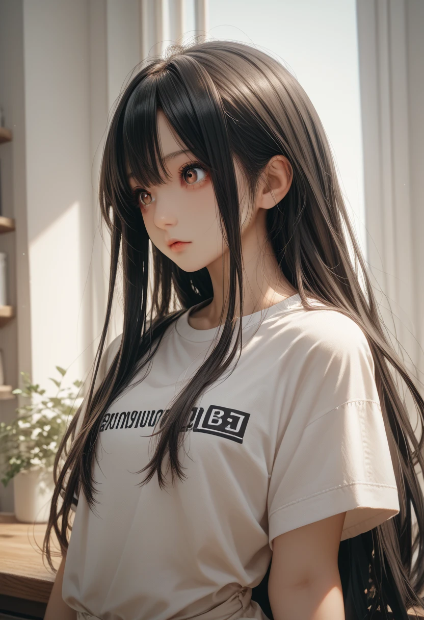 (best qualityer), (hyper realist), mh-yk, 1 girl, standing alone, black hair, eyes browns, , long hair,wearing a t-shirt with a rock band design and tight jeans,big ,, twintails, plein-air, hair rings, gazing at viewer,anxious