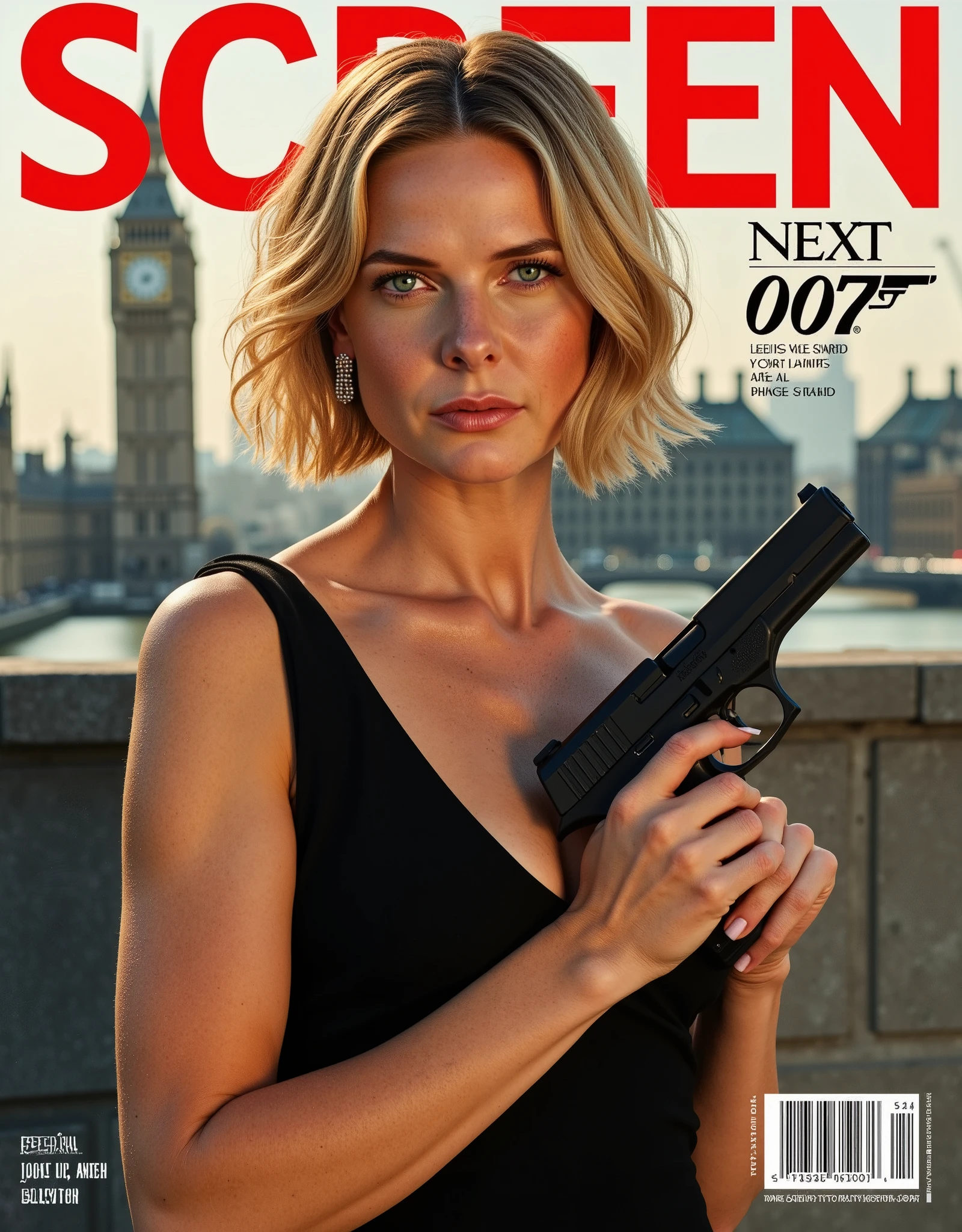 Magazine front cover " Screen " written in middle Red decoration letters at the upon the screen,  writing word "next 007 " writing black letter under screen , Font view, cowboy shot, Rebecca Ferguson, smile , middle cut, golden hair, Chanel design earing, Black Chanel  shoulder less dinner simple dress ,hand hold hand gun, P-38, background London, (super detail, high details, high quality, accurate, anatomically correct, textured skin, beautiful fingers super detail, high details, high quality, best quality)