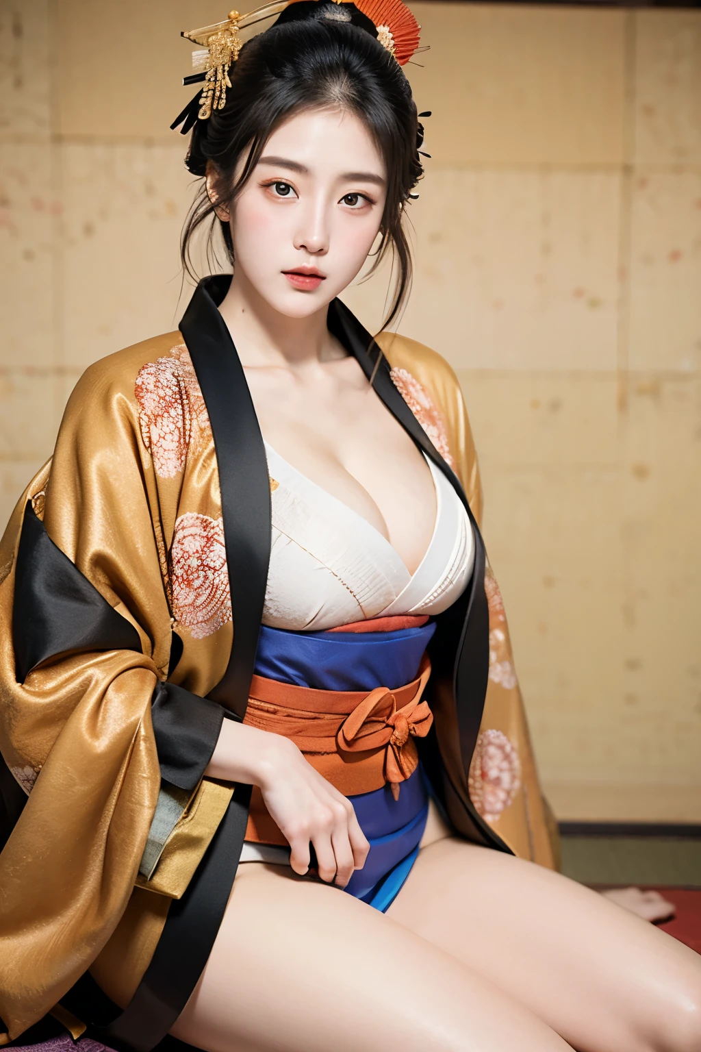 (Masseter membrane、Top quality、Ukiyo-e style、mystery、Absolutely beautiful、Official Art、Sharaku:1.2)、(1 girl:1.3)、(Fractal Art:1.3)、Cowboy shooting、White skin、(Beautiful brunette、kimono:1.2)、Set against the backdrop of traditional Japanese performing arts、rich and colorful、(reel、Japanese style:1.2)、Radiant Skin、Spread your legs，Camel toe showing thigh!!!、smoke，cloud，