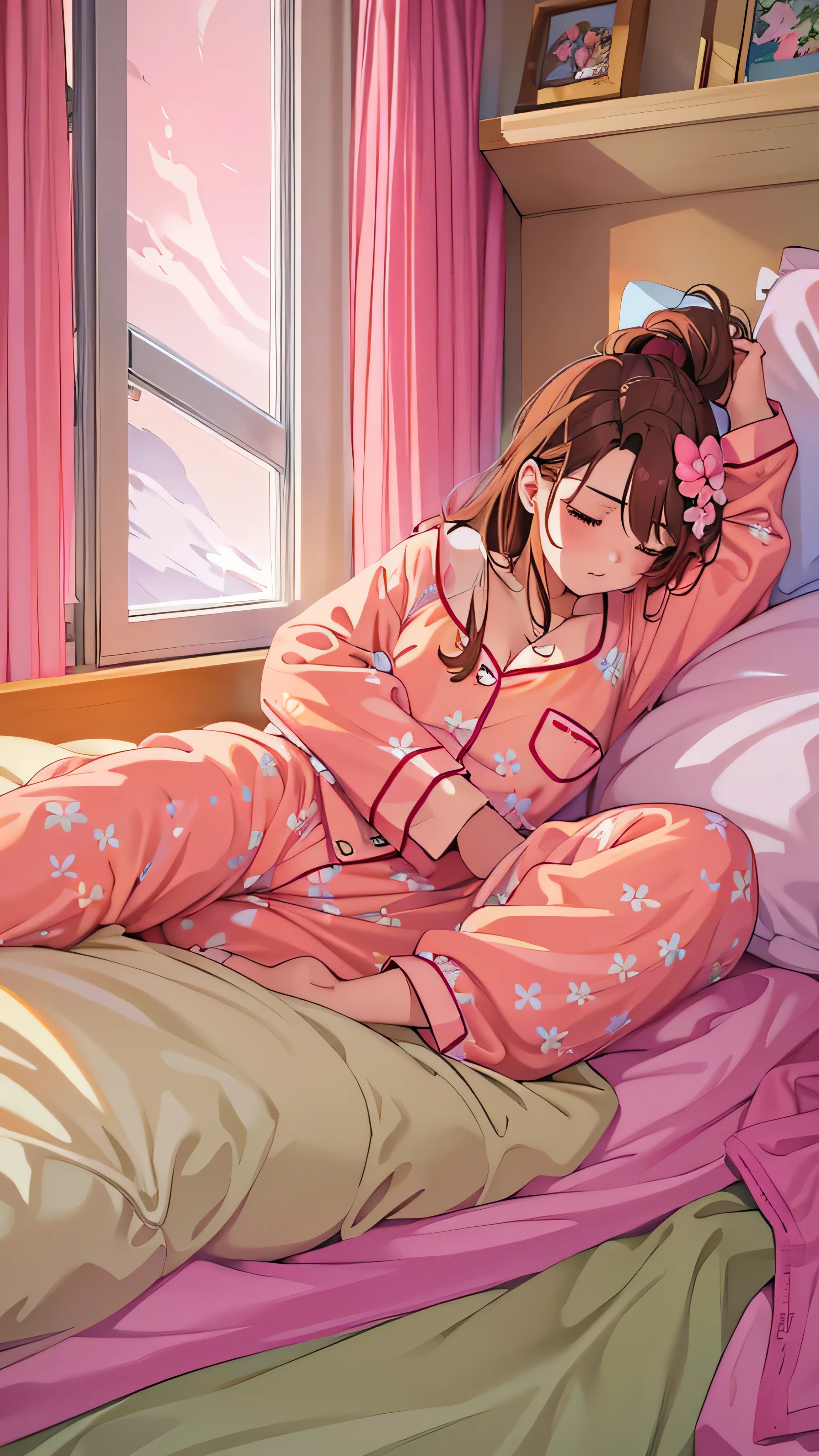  full body high definition image ，Sleeping girl, 22 years old,  realistic , She is wearing pink long pajamas, Brown Hair. on the bed in the room 。 orange bright room 