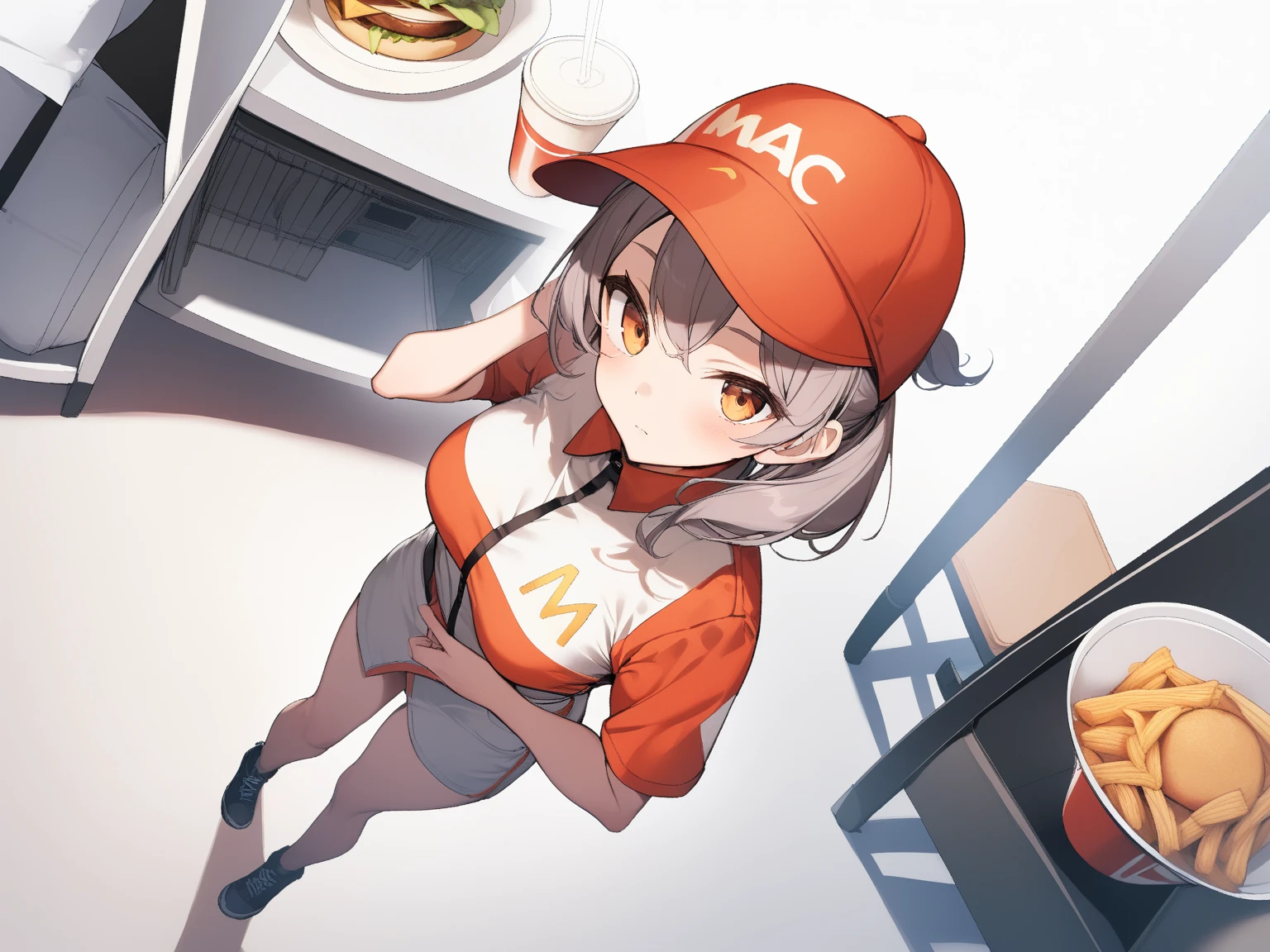 1girl, medium breasts,solo,
mac,solo, employee uniform, fast food uniform, visor cap, short sleeves, clothes writing,
from above, full body, looking at viewer, doyagao, closed mouth,
best quality,medium quality,