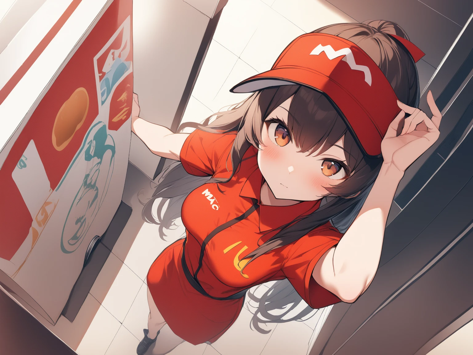 1girl, medium breasts,solo,
mac,solo, employee uniform, fast food uniform, visor cap, short sleeves, clothes writing,
from above, full body, looking at viewer, doyagao, closed mouth,
best quality,medium quality,