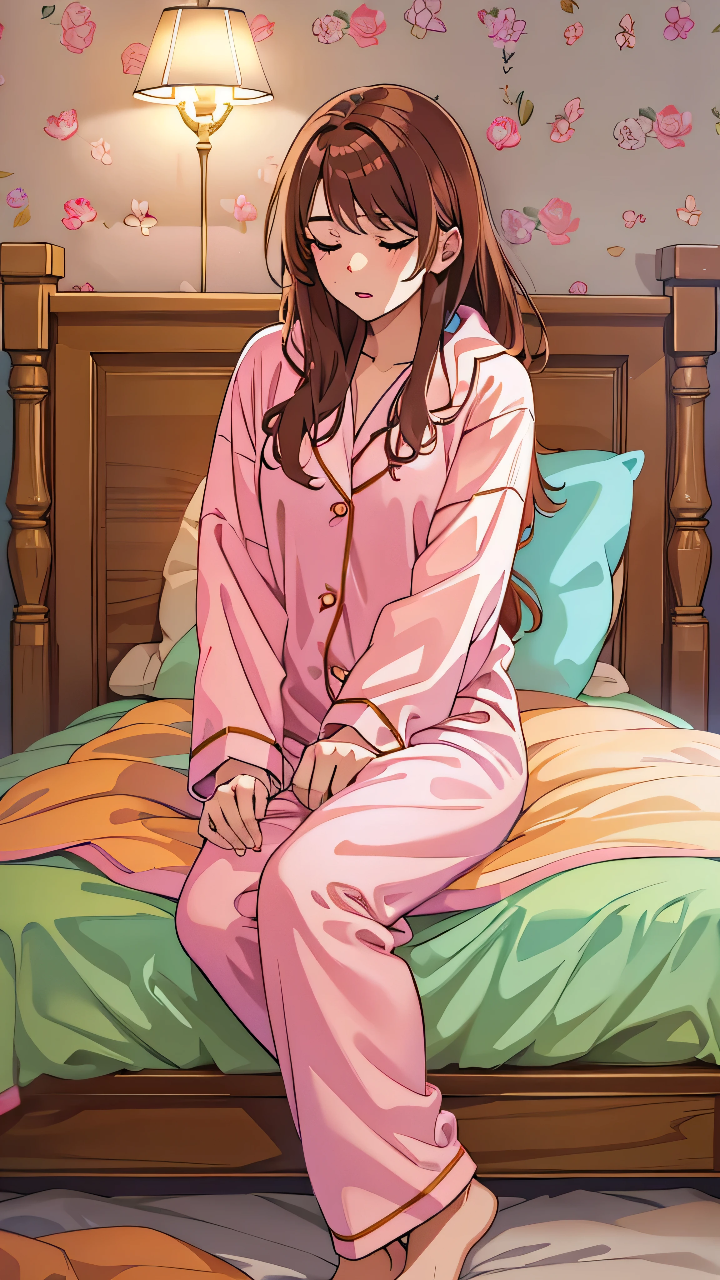  full body high definition image ，Sleeping girl, 22 years old,  realistic , She is wearing pink long pajamas, Brown Hair. on the bed in the room 。 orange bright room 