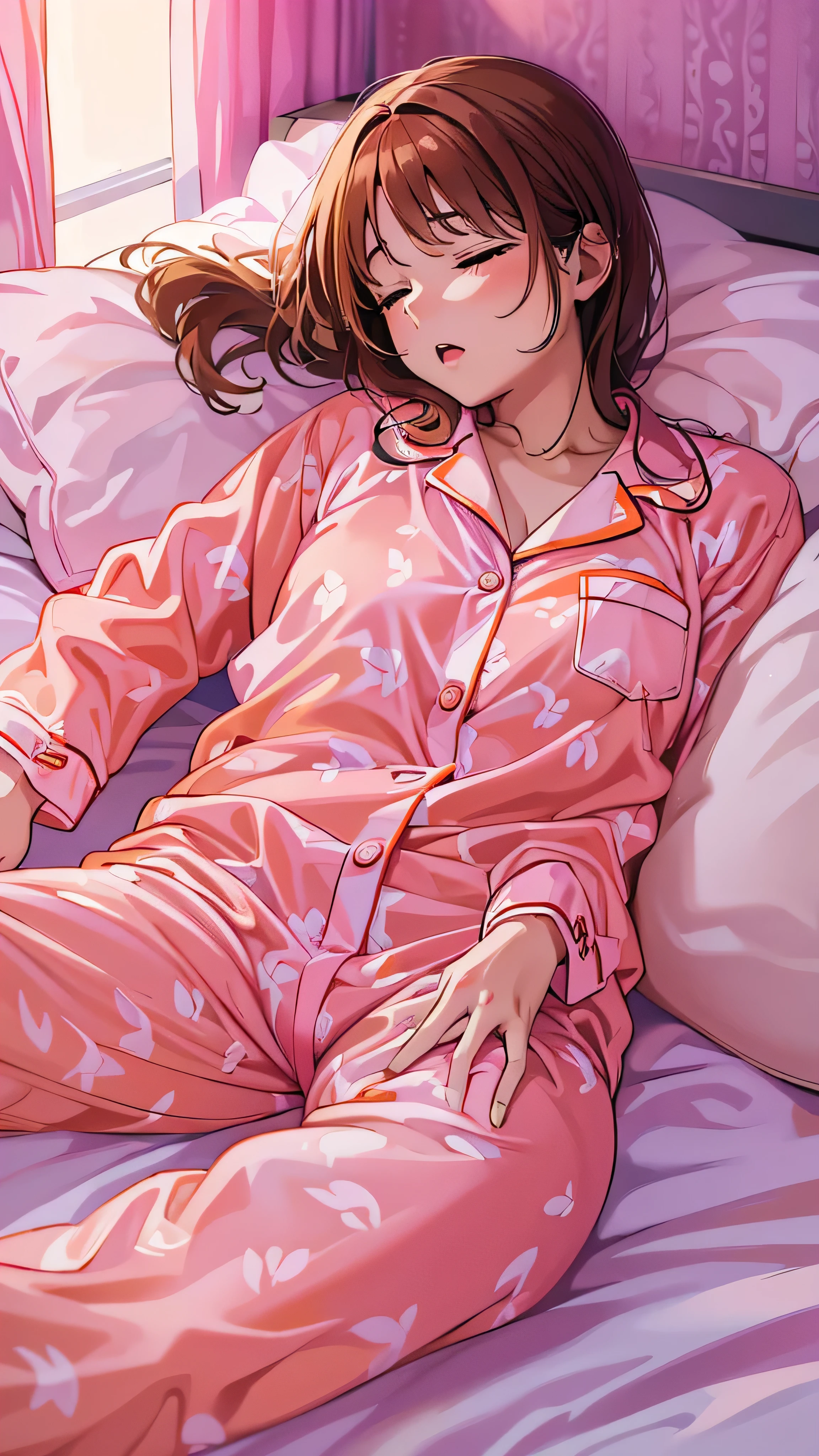  full body high definition image ，Sleeping girl, 22 years old,  realistic , She is wearing pink long pajamas, Brown Hair. on the bed in the room 。 orange bright room 