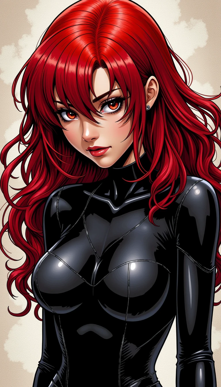 The image depicts a full-length depiction of the Marvel Comics character Black Widow. She has long, red hair and is wearing a sleek skin-tight shiny black latex bodysuit with a deep-cut zipper neckline revealing a large chest, the silver zipper running down the front. The suit is complemented by her silver wrist guard on both wrists and a belt made of silver around her waist. She is also holding two guns, one in each hand. 