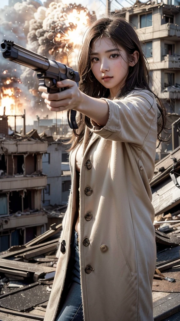 Highest quality, Realistic, (Photo Realistic:1.35), Award-winning photography, (Intricate details), (Subtle details), (Intricate details), (Cinematic Light), Sharp focus, 

(1girl), 

((gun aiming at viewer:1.40)), ((pointing a gun)), 
((On the roof of an abandoned building)), 
break 

(wearing coat), 
(Small Face Beauty), 
(Hair blowing in the wind), 
(Eyes chasing prey), 
beautiful face, 
An exceptionally beautiful face, 
Perfect Human Anatomy, 
Sweaty skin:1.35, Transparent soft white skin, 
break 

((battlefield)), (Destroyed rubble, collapsed buildings, gunfire), (explosions:1.35),
light particles, 
shine, glint,
Expressing emotions:1.35, 
Have a rich imagination,
Professional Lighting, 
Professional photographer, 

(depth of field:1.30), 
