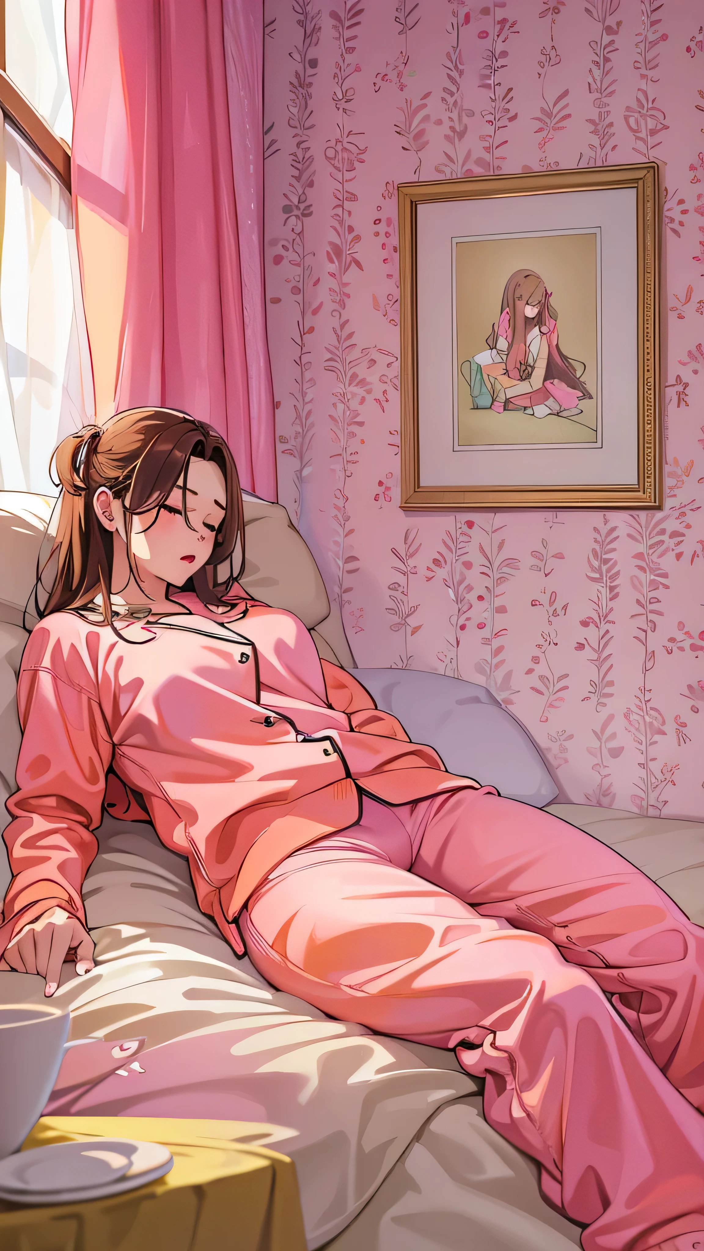  full body high definition image ，Sleeping girl, 22 years old,  realistic , She is wearing pink long pajamas, Brown Hair. on the bed in the room 。 orange bright room 