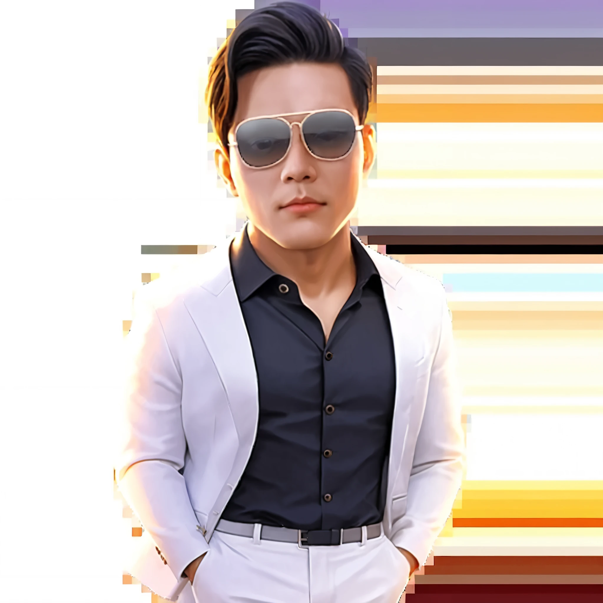 (Digital Illustration，  detailed anime style boys ，，symmetry)，(  stylish and exquisite facial features ， An affectionate gaze at ，)，( short furry hair ， )，(White suit，Black base  ，)，Clean and simple white background，((( correct human anatomy)))masterpiece,  Top Quality , best quality, Official Art ,  handsome man with sunglasses ，Hands in pockets，White suit，Black base 衫， has a delicate and handsome face ， Actor，Mixed， ，Gao Hao despises ，Handsome face,  extremely detailed eyes and faces, Long eyelashes, masterpiece,  high quality ,  perfect face,   ，Perfect Fingers,  Perfect Anatomy , Perfect Arms, Male celebrity，Handsome face， holding a lollipop in his hand ， Actor， hand-drawn style characters ，2.5D， ( Highest Quality ,16K, high resolution,masterpiece:1.2), super detailed,(Hyper-Reality, realistic :1.37),HDR, Ultra HD,  studio lighting  , Super Fine Painting , clearly focused, physically-based rendering, Extreme Detailed Description ,Professional, Bright Colors , dark gothic ,  dramatic lighting  , Light and Dark Contrast, Mystery,Melancholy,gloomy,Hyper-Reality主义,fantasy