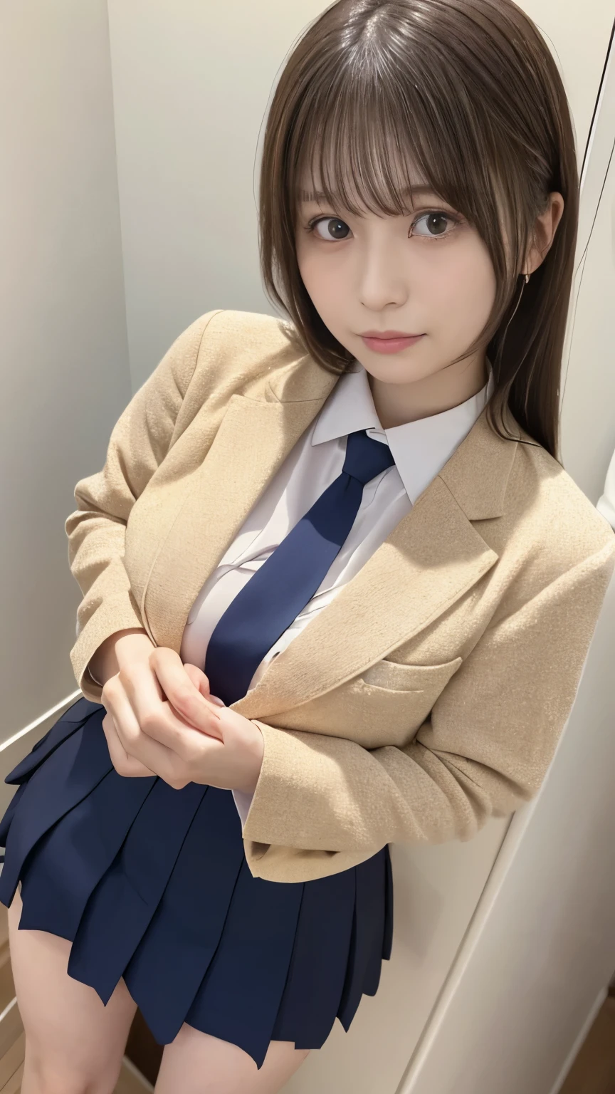 (8K, RAW Photos, Highest quality, masterpiece:1.2), masterpiece, super detailed, super high quality, (Realistic and photorealistic photography:1. 37), High-resolution RAW color photos, Very delicate and beautiful, highly detailed, 8k wallpaper, wonderful, detailed, Very eye, very detailed, very detailed skin, very thin fingers, very detailed nose, very detailed mouth, Perfect Anatomy, BREAK,18 year old girl, short bob hair, huge breasts, (colossal tits:1.1), very huge round breasts, (perfect body shape:1.1), Big Natural Color Lip, cute type, lolita, (Details High quality, realistic depiction of eyes:1.3), Beautiful makeup, glitter makeup, BREAK, High school girl uniform, blazer, Super Short Check Uniform Skirt, Navy blue high socks, Disturbed uniform, BREAK, (High School Classroom:1.2), bold sexy pose, hposing Gravure Idol, full body photo