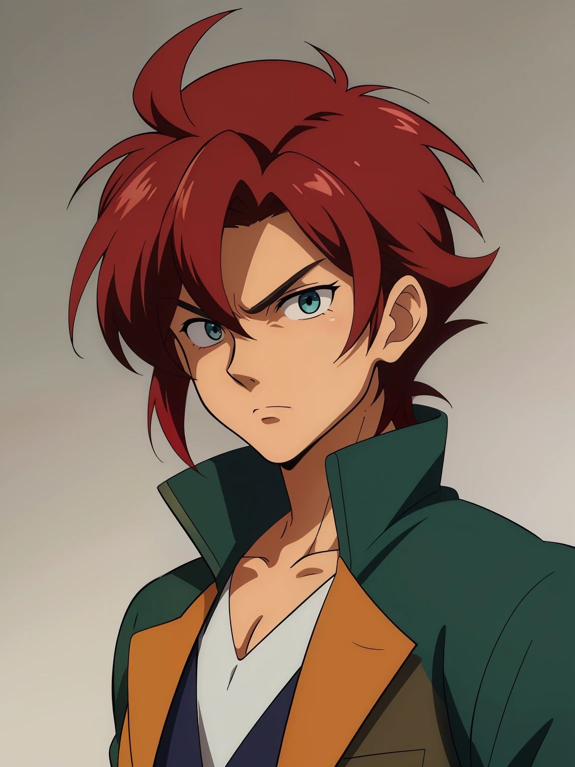 (high-quality, breathtaking),(expressive eyes, perfect face) 1boy, male, solo, adult age, Symmetrical Eyes, simple background, short hair, shag hair, portrait, looking at viewer, blue green eyes, red hair, blonde streaks, sprite, facing viewer, looking at viewer, standing straight, front view, mechanic, blue and black jacket, white shirt, G Gundam style, thin eyebrows, calm expression, neutral face
