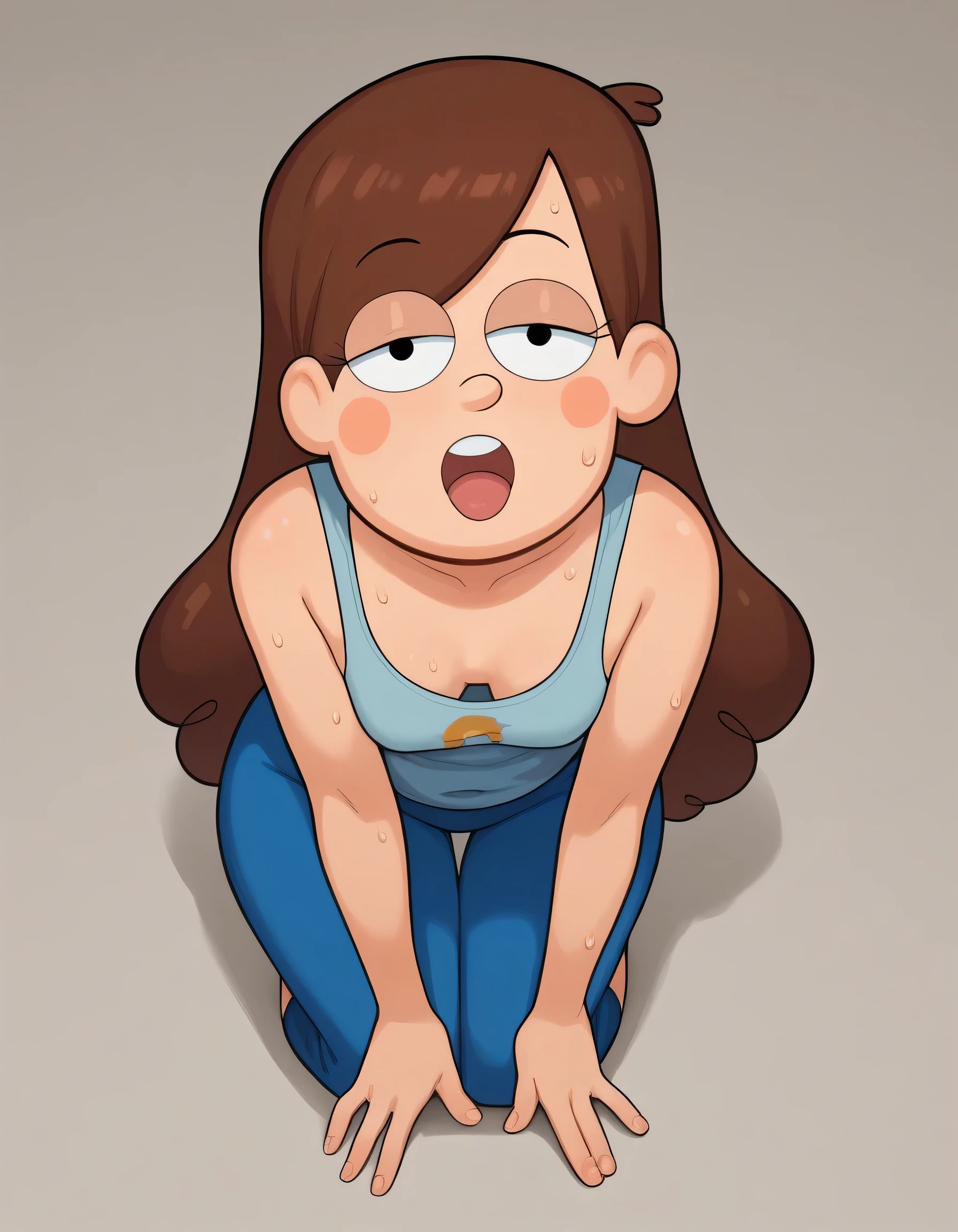 account_9, account_8_ex, account_7_ex, account_6_ex, account_5_ex, account_4_ex,Mabel,1 girl, blush stickers, half-closed eyes, small breasts, huge hips. long eyelashes,looking at the viewer, huge hips, huge saggy breasts, bend over, open mouth, out of breath, gym gray tank top, blue yoga pants, sweating, wet with sweat, hands on knees, chubby, sexy, tounge hanging out