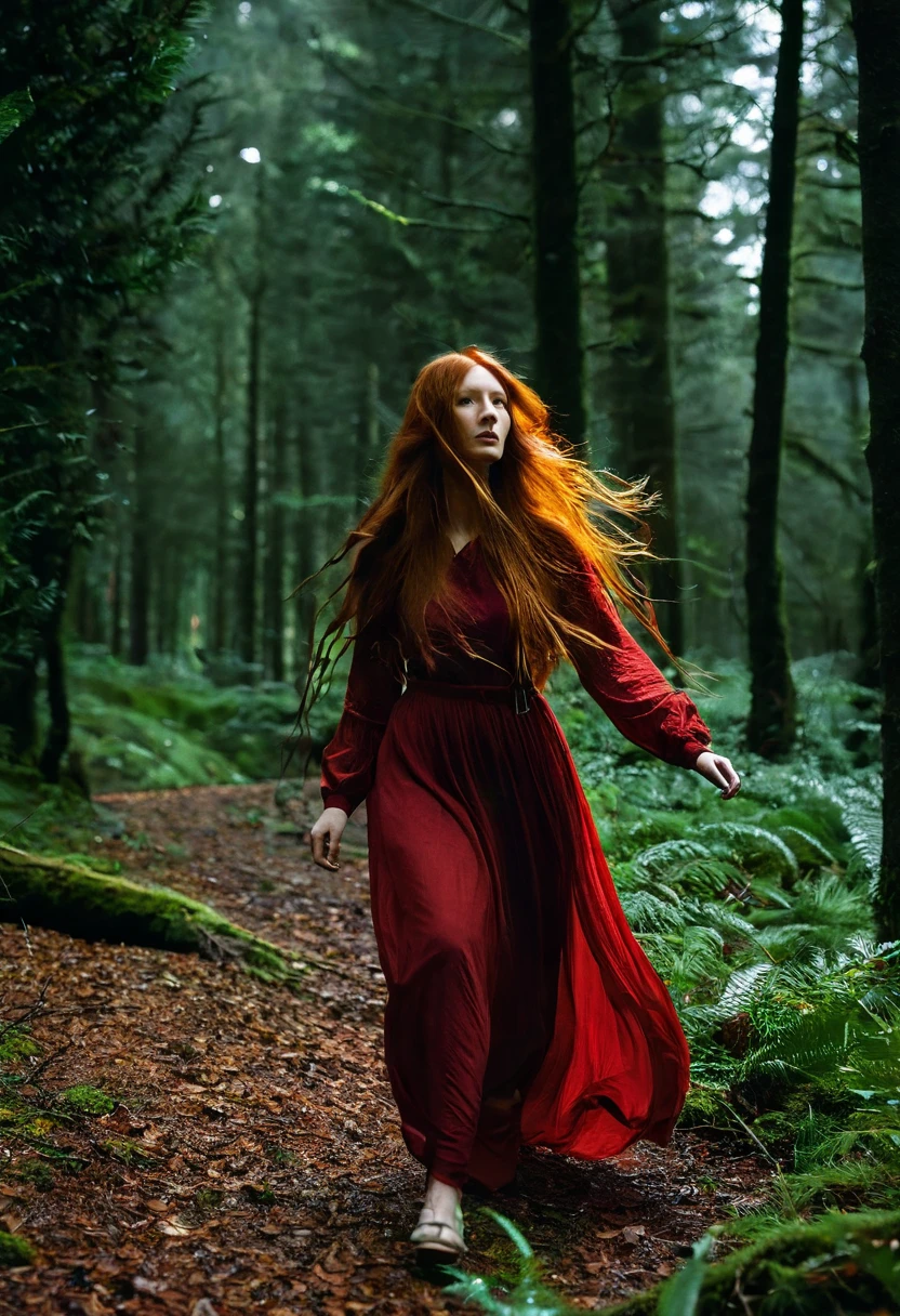 a woman with long red hair walking through a forest, long ginger hair, wild ginger hair, very long and unkempt hair, extremely long hair, red waist-long hair, girl with super long hair, very long flowing red hair, long hair girl, rusty colored long hair, extra long hair, very long flowing hair, with long hair, long ginger hair windy. Alessio Albi style