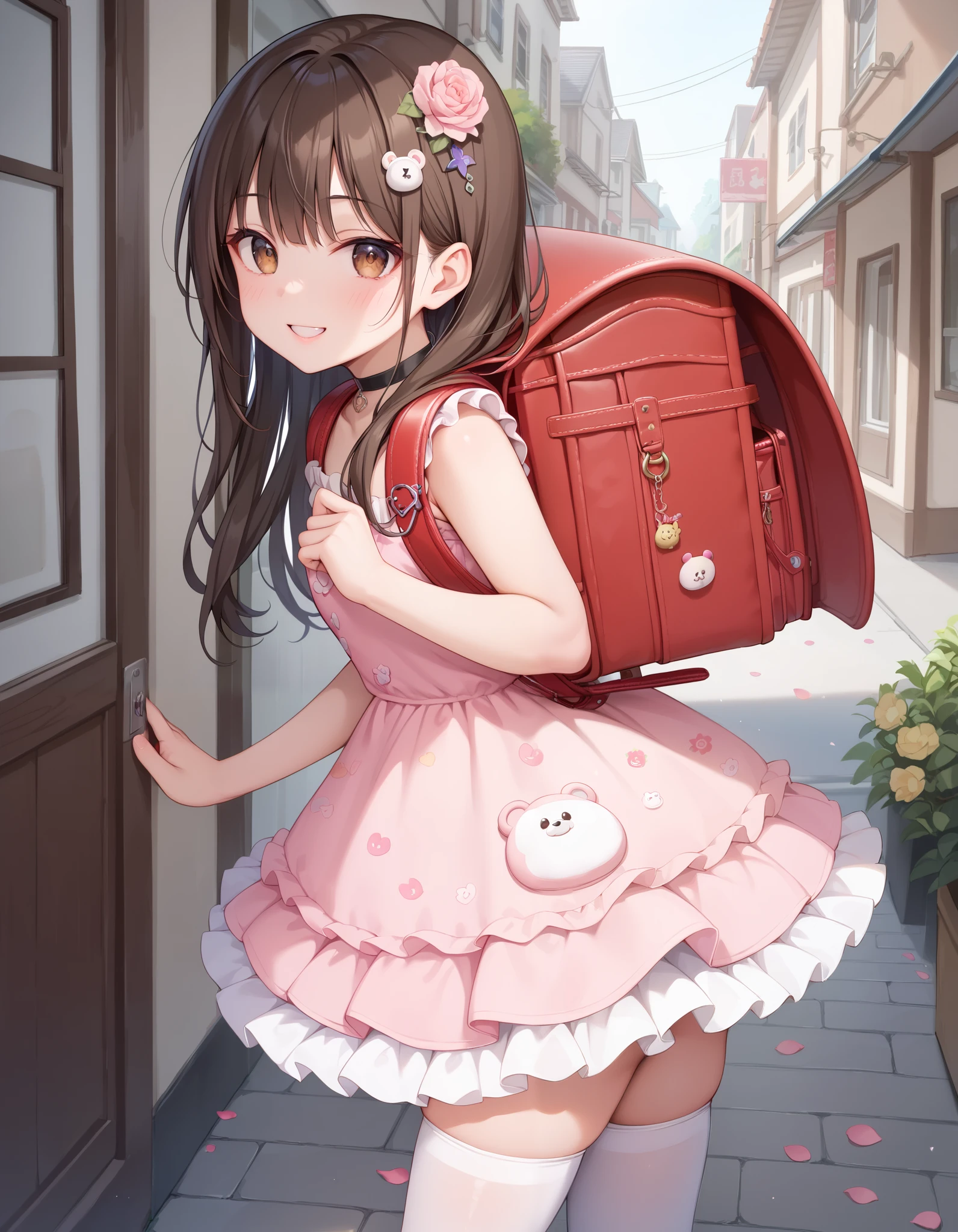 Masterpiece, hd, 1girl,  smile, looking at viewer, in doors, spring,pink dress, gothic dress, brown hair, long hair, hair ornaments, brown eyes, glowing eyes,  long hair, white thighhighs, frilled dress,  detailed face, petals, flower patterned dress,  choker, Outdoor, street, kawaii, wearing Randoseru backpack, red backpack, big backpack,bear keychain on bag, looking at viewer 