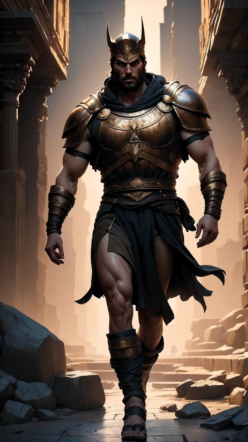 a 45 year old man, black hair, helmet ,prince of troy ,hector of troy, (best quality,4k,8k,highres,masterpiece:1.2),ultra-detailed,(realistic,photorealistic,photo-realistic:1.37),hyperrealistic,cinematic lighting,extremely detailed face and body,dramatic pose,epic scale,dramatic lighting,dark moody colors,chiaroscuro lighting,dramatic shadows, on the war, whole body, comic style, walking, in combat, show the feets, backwards, looking back