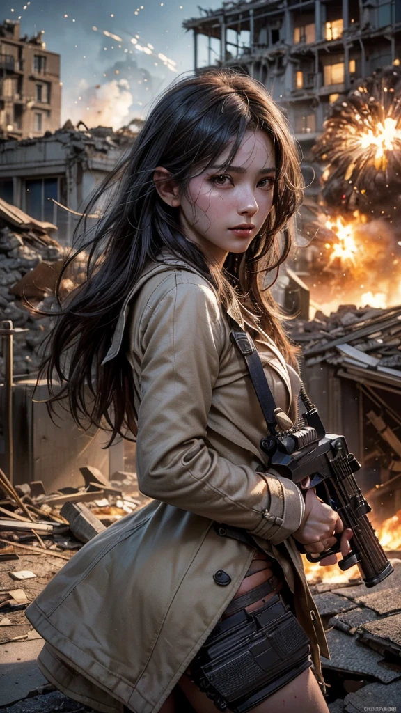 Highest quality, Realistic, (Photo Realistic:1.35), Award-winning photography, (Intricate details), (Subtle details), (Intricate details), (Cinematic Light), Sharp focus, 

(1girl), 

((gun aiming at viewer, pointing a gun)), 
((On the roof of an abandoned building)), 
break 

(wearing coat), 
(Hair blowing in the wind), 
(Eyes chasing prey), 
An exceptionally beautiful face, 
Perfect Human Anatomy, 
Sweaty skin:1.35, Transparent soft white skin, 
break 

(battlefield), (Destroyed rubble, collapsed buildings, gunfire), (explosions:1.35),
light particles, 
shine, glint,
Expressing emotions:1.35, 
Have a rich imagination,
Professional Lighting, 
Professional photographer, 

(depth of field:1.30), 
