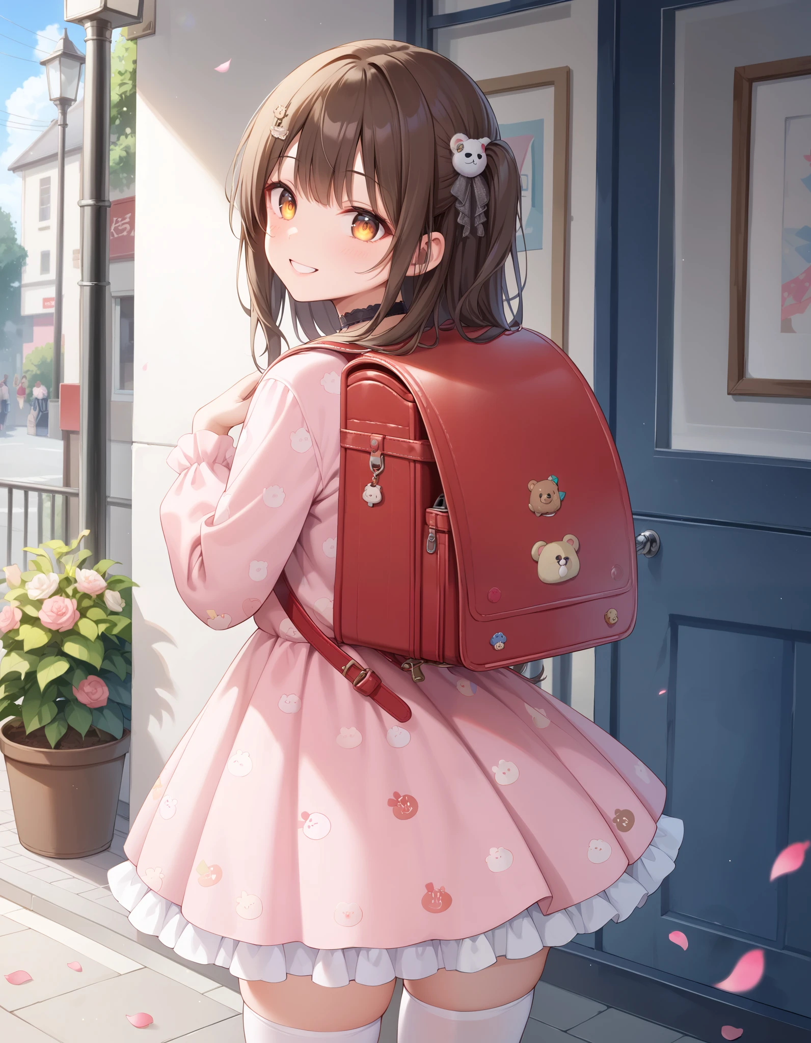 Masterpiece, hd, 1girl,  smile, looking at viewer, in doors, spring,pink dress, gothic dress, brown hair, long hair, hair ornaments, brown eyes, glowing eyes,  long hair, white thighhighs, frilled dress,  detailed face, petals, flower patterned dress,  choker, Outdoor, street, kawaii, wearing Randoseru backpack, red backpack, bear keychain on bag, looking at back, back view