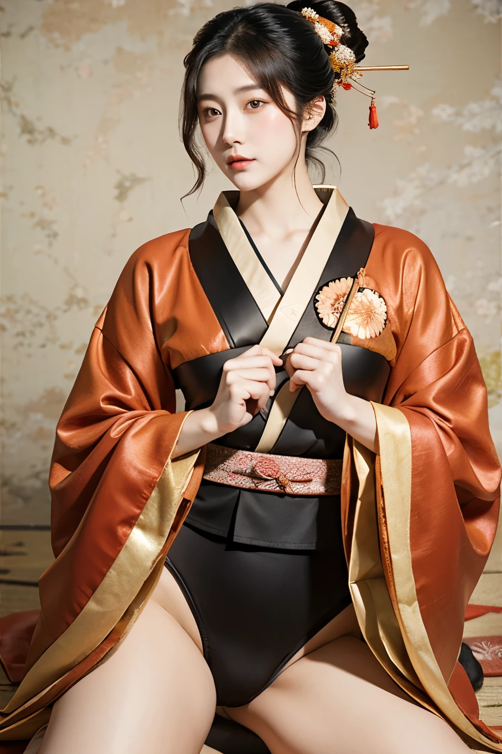 (Masseter muscle film、top quality、Ukiyo-e style、mystery、Exquisite and beautiful、official art、Sharaku:1.2)、(1 girl in:1.3)、(Fractal art:1.3)、cowboy shooting、fair skin、(beautiful brunette、kimono:1.2)、Set against the backdrop of traditional Japanese performing arts、colorful、(reel、Belongs to Japanese style:1.2)、skin glowing、spread your legs,Camel toe showing thigh!!!、