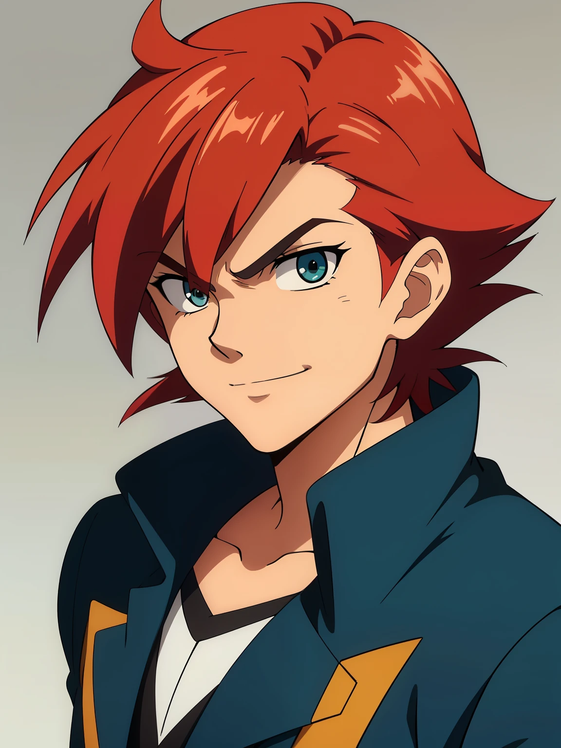 (high-quality, breathtaking),(expressive eyes, perfect face) 1boy, male, solo, adult age, Symmetrical Eyes, simple background, short hair, shag hair, portrait, looking at viewer, blue green eyes, red hair, blonde streaks, sprite, facing viewer, looking at viewer, standing straight, front view, mechanic, blue and black jacket, white shirt, G Gundam style, thin eyebrows, calm expression, neutral face, charming smile
