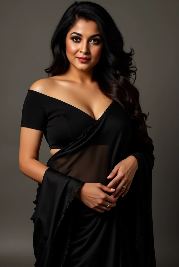 Desi aunty with black blouse black saree where her deep cleavage and round navel with umbilicus are visible she is 5 feet height with seductive looks
