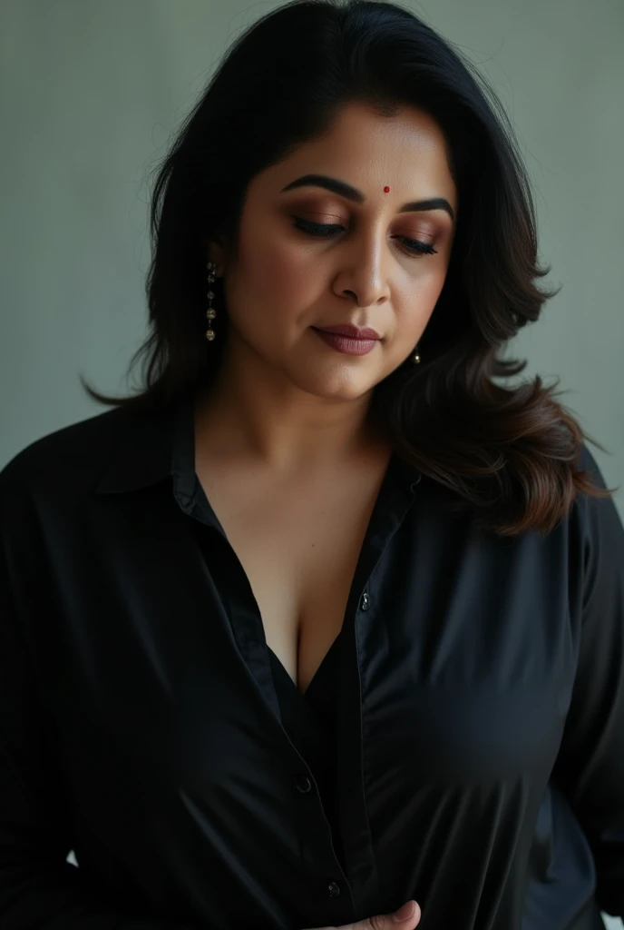 RAW photo, a Bangladeshi woman, srabonti4u woman in a black shirt, (large breasts, cleavage:0.8), looking down, 8K UHD, DSLR, soft lighting, high quality, film grain, Fujifilm XT3