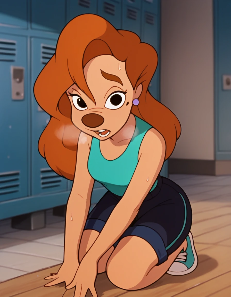 roxanne, 1girl, brown hair, long hair, solo, earrings, black eyes, green tanktop, blue shorts, furry female, shorts,, score_9, score_8_up, score_7_up, score_6_up, score_5_up, score_4_up, looking at viewer, gym locker, hands on knees, sweaty, sexy, wet with sweat, exhuasted, out of breath, breathing, dripping sweat, chin sweating, open mouth