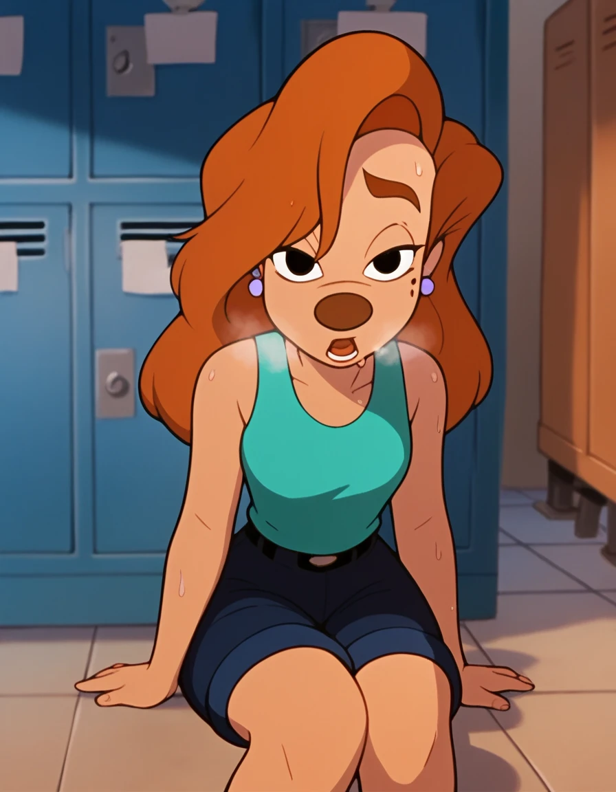 roxanne, 1girl, brown hair, long hair, solo, earrings, black eyes, green tanktop, blue shorts, furry female, shorts,, score_9, score_8_up, score_7_up, score_6_up, score_5_up, score_4_up, looking at viewer, gym locker, hands on knees, sweaty, sexy, wet with sweat, exhuasted, out of breath, breathing, dripping sweat, chin sweating, open mouth