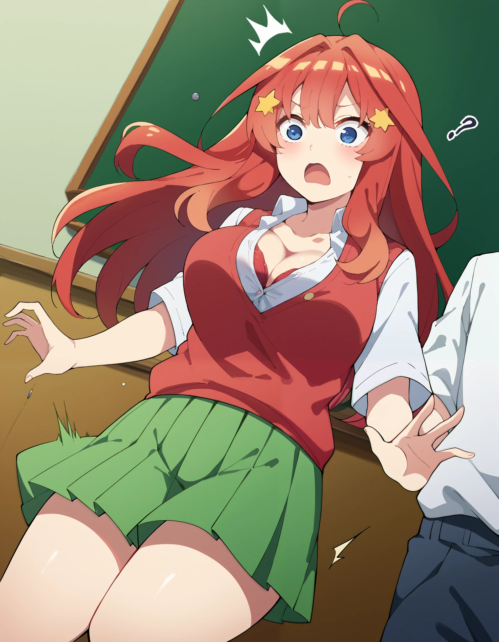 score_9, score_8_up, score_7_up, source_anime, itsuki nakano, bangs, long hair, blue eyes, hair between eyes, ahoge, red hair, star (symbol), hair ornament, star hair ornament, thick thighs, ((dutch angle)), ((medium breasts)), flying button, popped button, bursting breasts, wardrobe malfunction, button gap, bra peek, surprised, motion blur, shirt, cleavage, motion lines, ?!, skirt, shirt, school uniform, collarbone, white shirt, short sleeves, pleated skirt, socks, collared shirt, miniskirt, kneehighs, white socks, green skirt, sweater vest, red sweater vest, ((clasroom)), chalkboard 