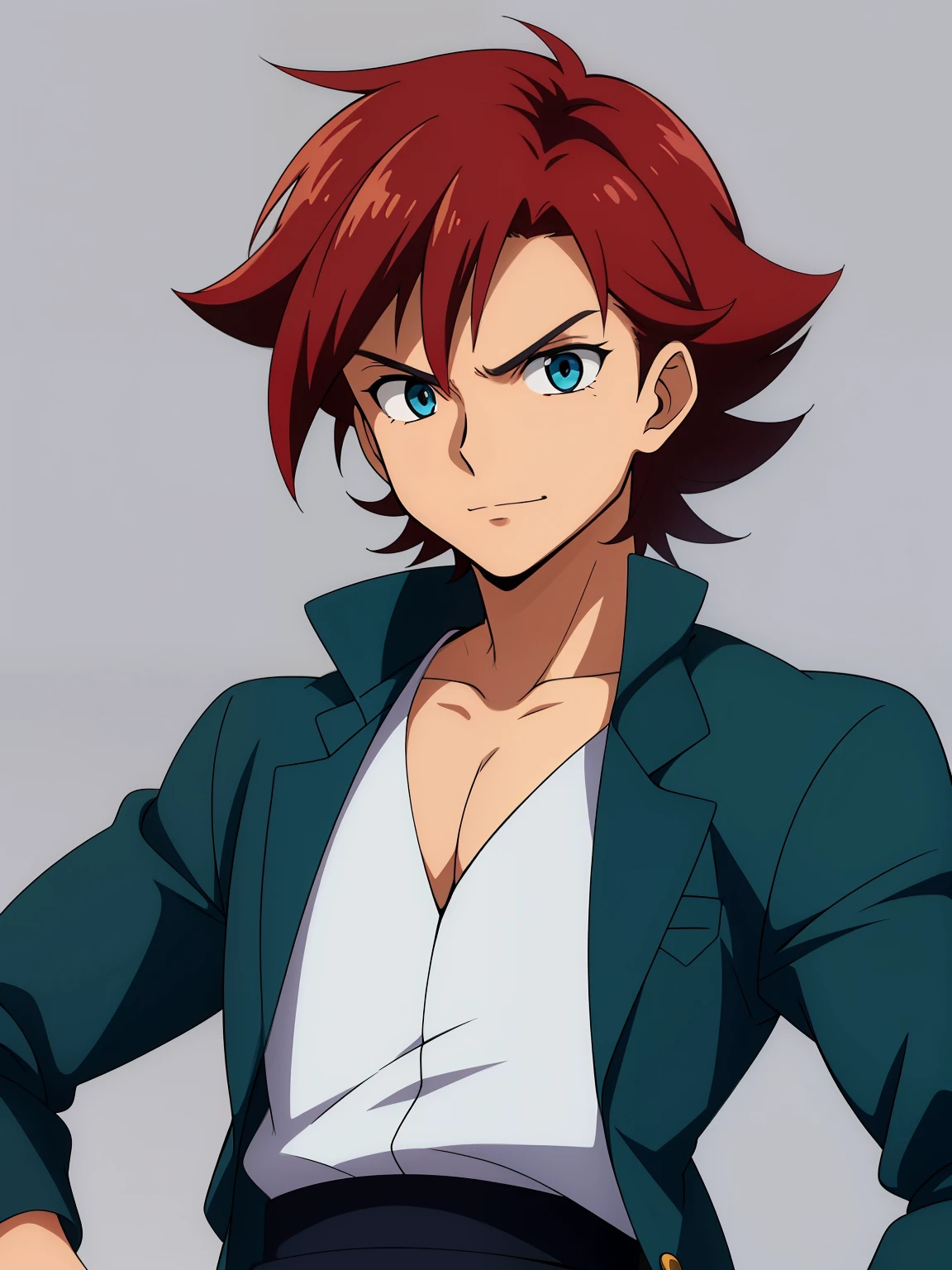 (high-quality, breathtaking),(expressive eyes, perfect face) 1boy, male, solo, adult age, Symmetrical Eyes, simple background, short hair, shag hair, portrait, looking at viewer, blue green eyes, red hair, puroke streaks, sprite, facing viewer, looking at viewer, standing straight, front view, mechanic, blue and black jacket, white shirt, G Gundam style, thin eyebrows, calm expression, neutral face, charming smile, gentle face
