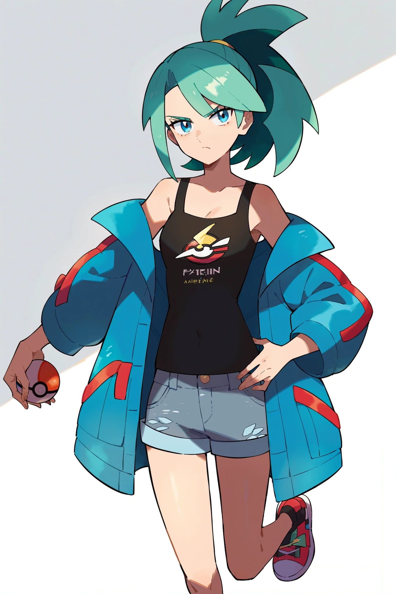 score_9, score_8_up, score_7_up, pokemon pokemon_(anime) pokemon_journeys pokemon_sv pokemon_bw2 1girl black tanktop, white and blue jacket over tanktop, denim shorts, Serious expression, Spiky ponytail, Blue eyes, Aqua green hair, Red sneakers.