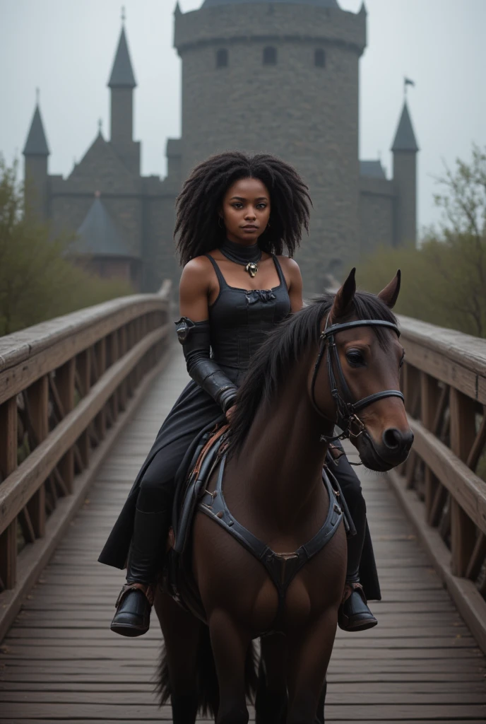  I would like to create the cover of a medieval fantasy book where there will be a princess with brown skin and very curly black hair,  wearing a black dress ,  riding a black-haired horse , crossing an old wooden bridge ,  where under the bridge , And in the background on the horizon ,  there will be a large Castle . Bring a subtle air of mystery  