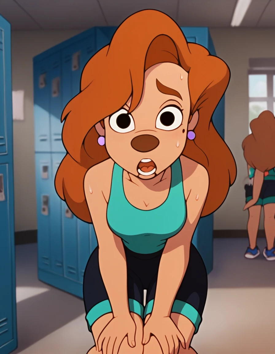 roxanne, 1girl, brown hair, long hair, solo, earrings, black eyes, green tanktop, blue-green striped shorts, furry female, shorts,, score_9, score_8_up, score_7_up, score_6_up, score_5_up, score_4_up, looking at viewer, gym locker, hands on knees, sweaty, sexy, wet with sweat, exhuasted, out of breath, breathing, dripping sweat, chin sweating, open mouth